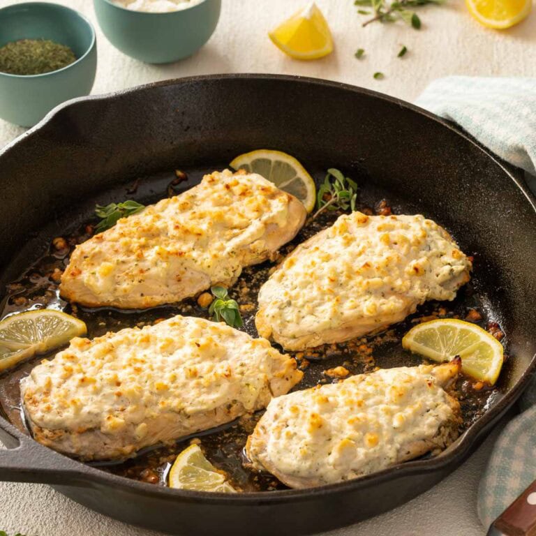 Cast iron skillet holding 4 Feta Chicken Breasts, with various ingredients surrounding the pan