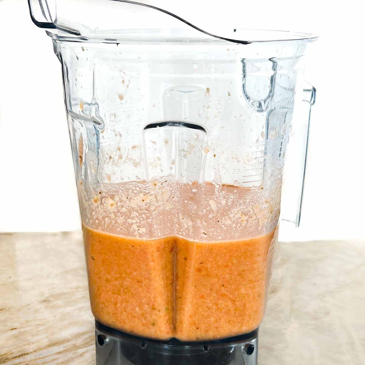 Blended Gazpacho soup in a blender.