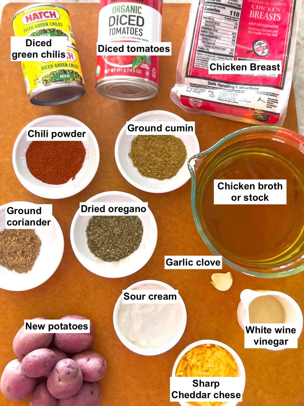 individual ingredients in Green Chili Chicken Soup with labels