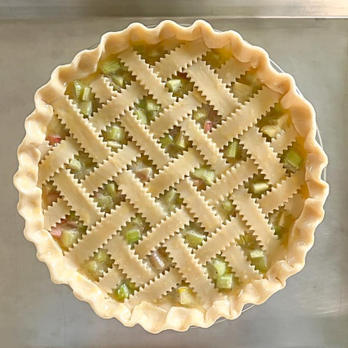 completed lattice pie crust, pie ready for baking