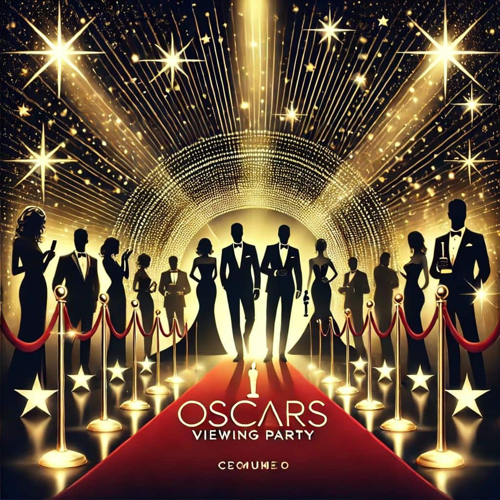 graphic with elegant silhouettes of well-dressed figures (like actors arriving at an awards show) against a starry Hollywood backdrop