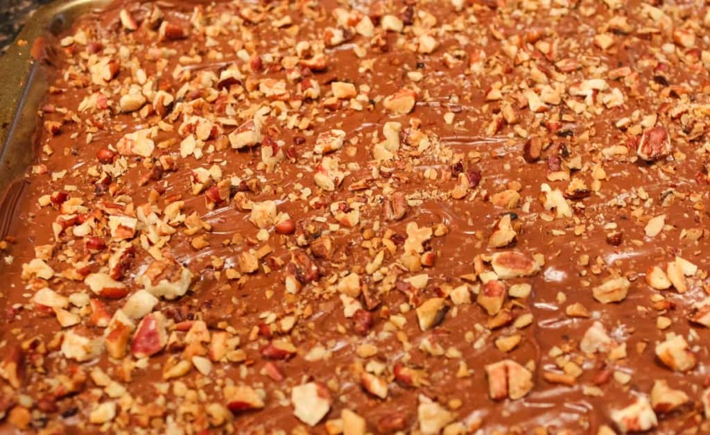 close up of pecan chocolate toffee bars in sheet pan before cutting into bars