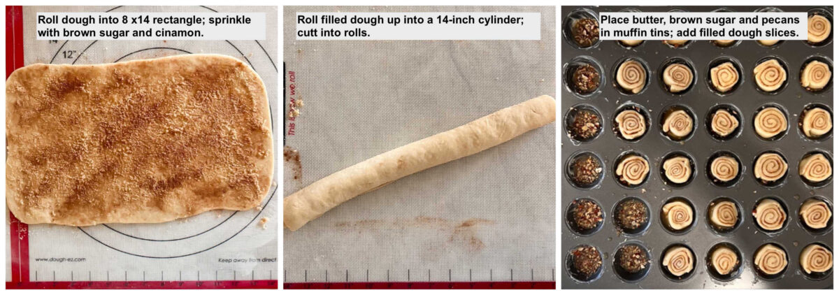 Collage of 3 photos illustrating how to stuff and roll dough, and place in muffin tins