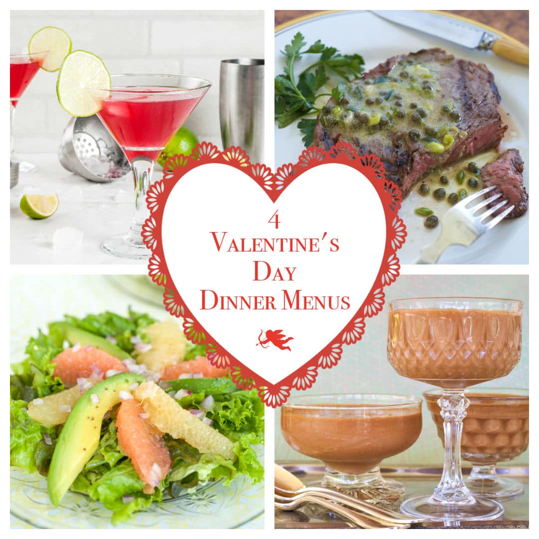 collage of photos showing some of the recipes in the 4 Valentine's Day menus